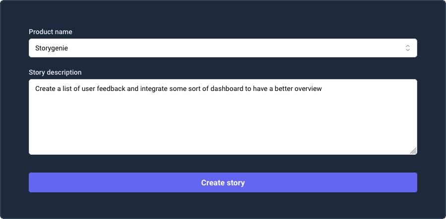 Screenshot showing the input to generate a scrum story with Storygenie, using GPT-3
