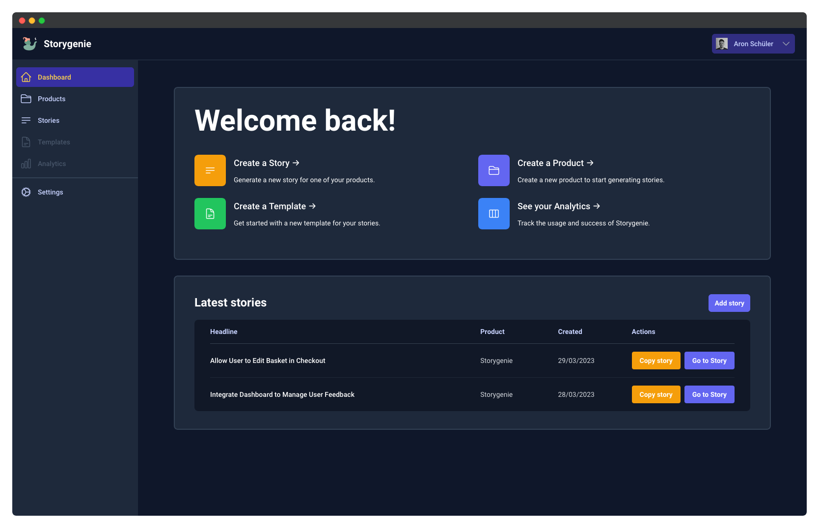 Screenshot of the storygenie dashboard