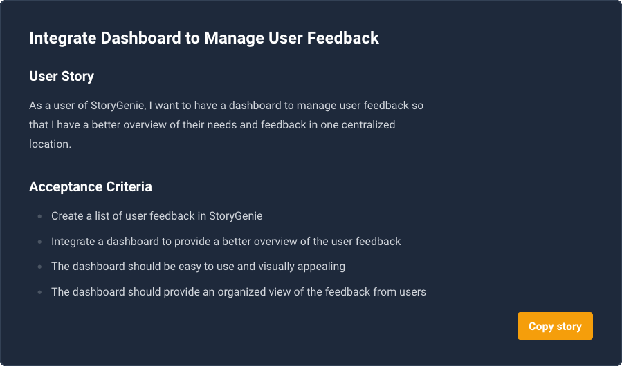 Screenshot showing the result of a scrum story generated with Storygenie, using GPT-3
